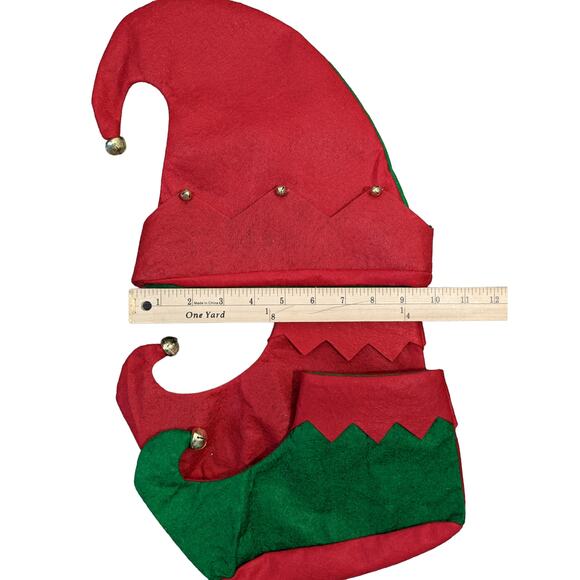 Christmas Elf Outfit Hat Shoes Jingle Bells Felt‎ One Size Green Red Holiday Fun - Picture 8 of 8